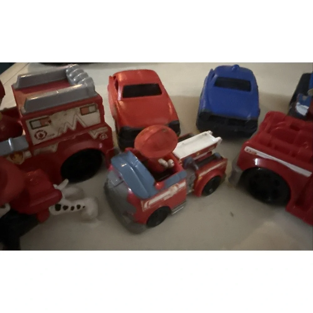 Random Assorted Paw Patrol Action Figures and Toys Lot of 7 Plus 2 cars